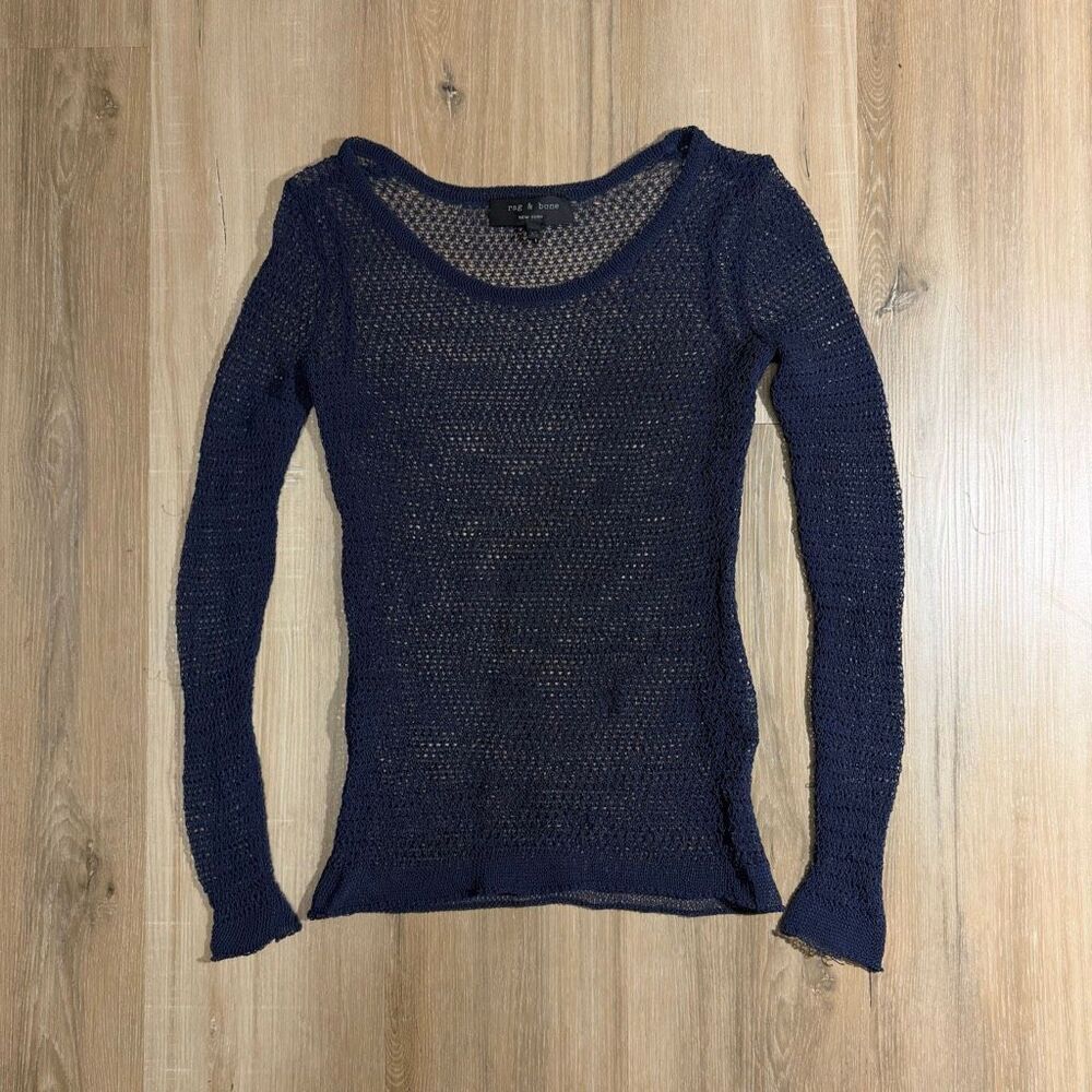 Rag & Bone Open Knit Navy Blue Sweater Sz XS Oversized Coastal Chic Indie Sleaze